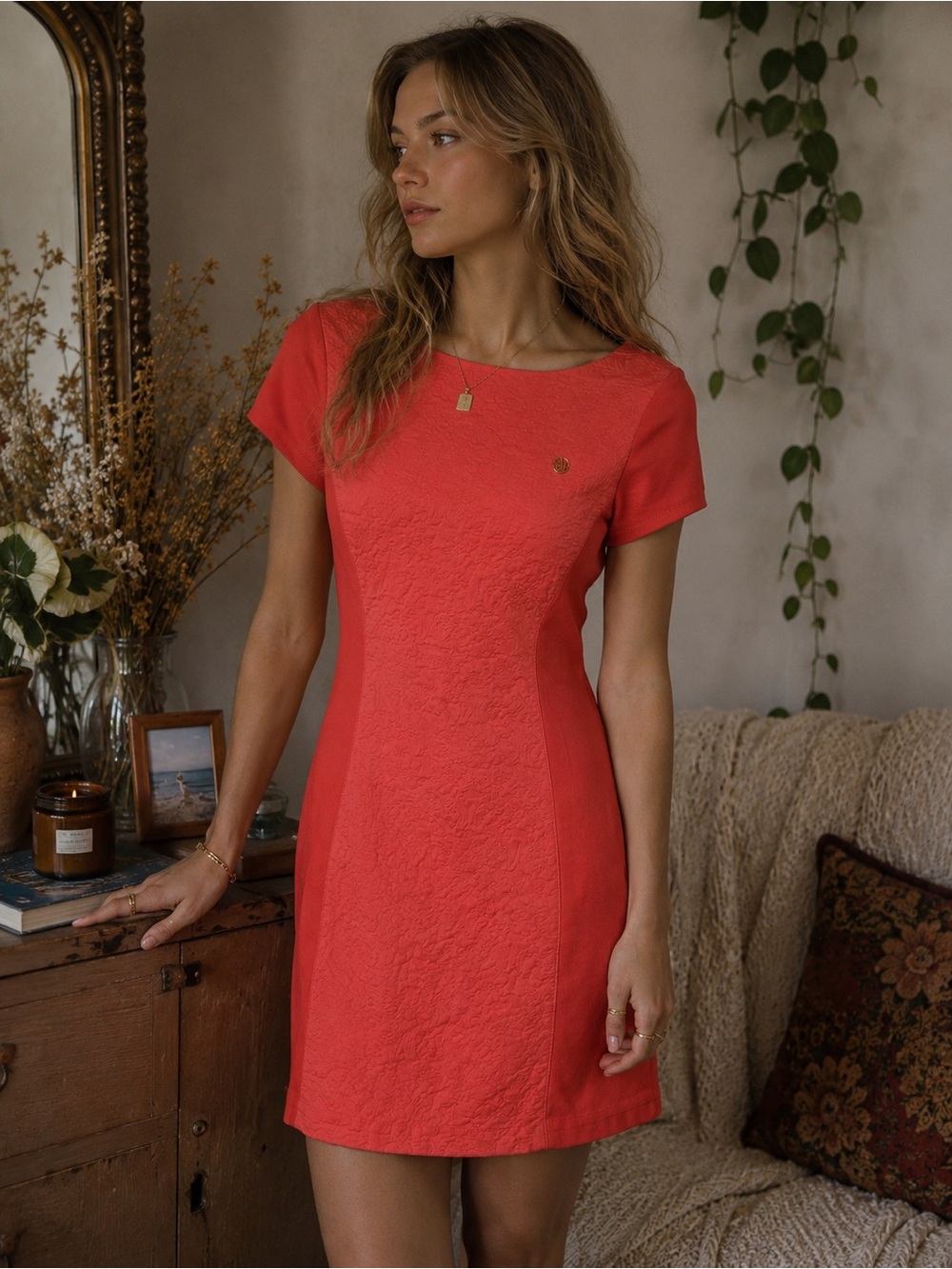 Armani Jeans Coral Textured Sheath Dress | Size 8 | Designer